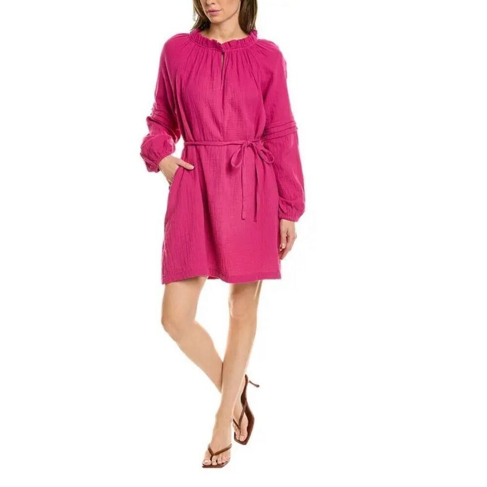 Leota Womens Long Sleeve Tie Waist Cotton Gauze Rena Mini Dress Pink Fuchsia Med
